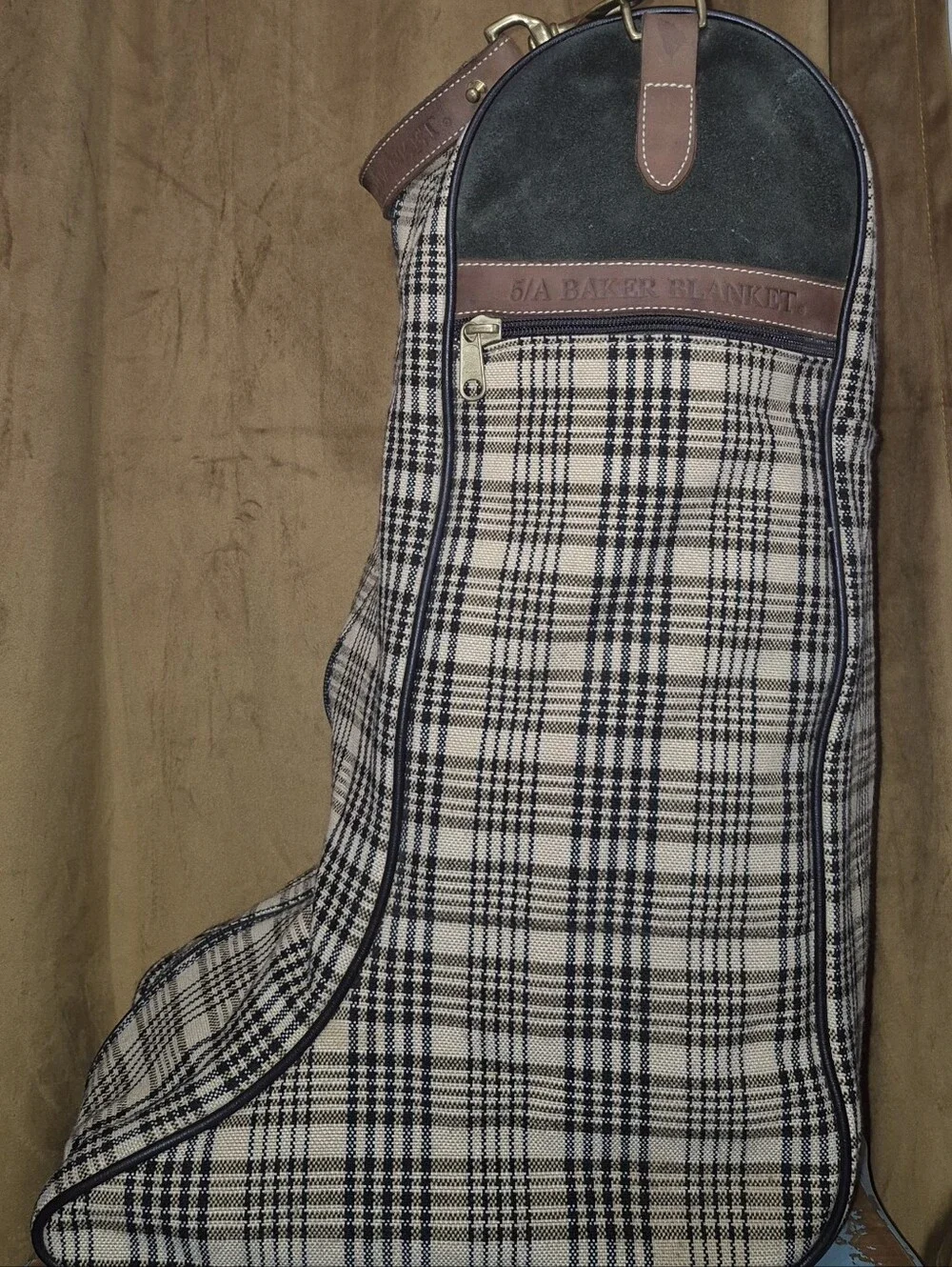 🔥5/A Baker Blanket Plaid Woven Fabric Suede Leather Riding Boot Bag Equestrian
